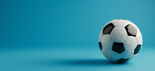 Fototapeta na wymiar Soccer ball on a bright background with copyspace for text on blue background