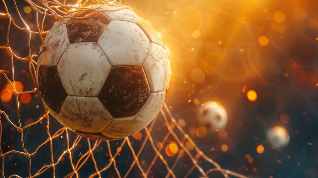 Soccer ball breaks the soccer net with copyspace for text © Sunny