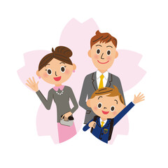 桜のシルエットと入学する男の子と親