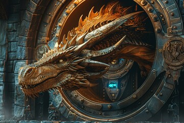 A dragon guarding a vault, a metaphor for formidable financial security - obrazy, fototapety, plakaty