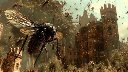 A dark wizard conjures an insect army to besiege a medieval fortress