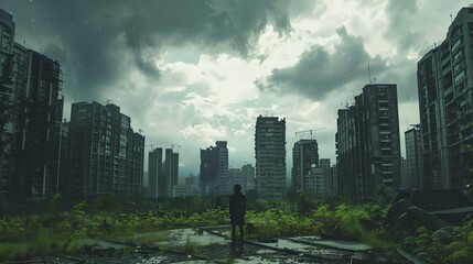 Post-apocalyptic cityscape with a lone figure standing amidst ruins. mysterious and moody urban exploration scene. evocative of storytelling and adventure. AI