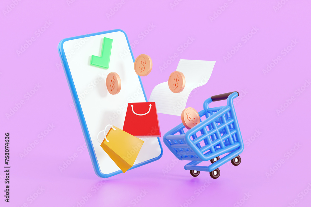Aufkleber 3d illustration of online shopping ideas or online transactions verified via the internet with a mob