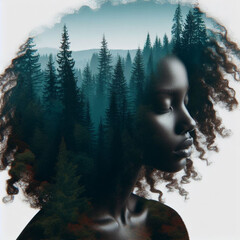 Enchanting double exposure of a woman's head with a lush forest appearing in her hair.