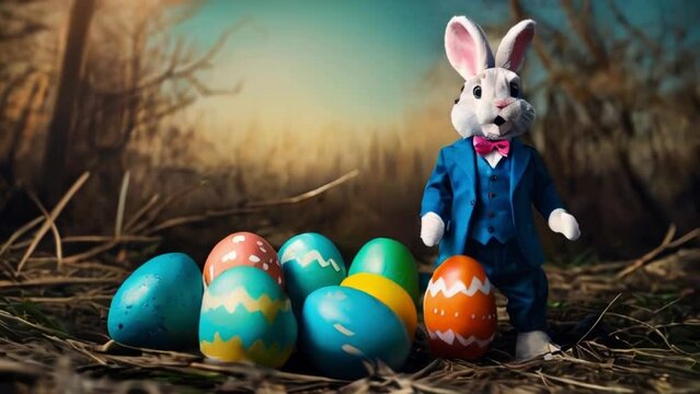 Easter bunny dressed businessman sells colorful eggs	