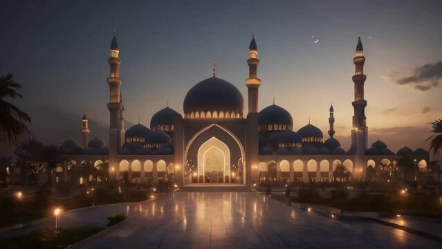 Night view of mosque ramadan background and sky with stars