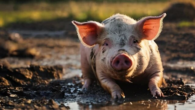 domestic pig resting in muddy puddle on sunny day