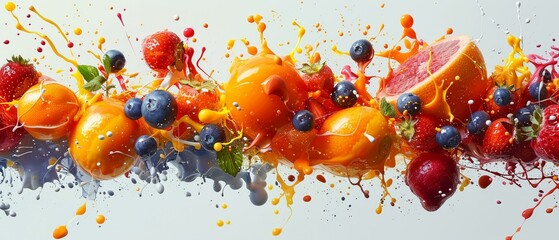 A 3D fruit paint bomb, splattering vibrant colors in an abstract art form