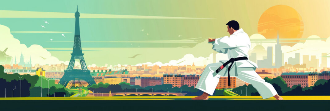 flat illustration, the Summer Olympic Games in Paris, wrestling, judo against the background of the Eiffel Tower and a panorama of the city's attractions