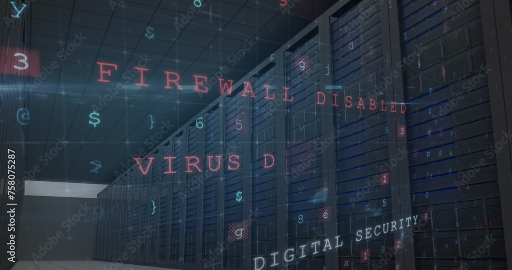 Poster image of cyber attack warning with letters and numbers over server room