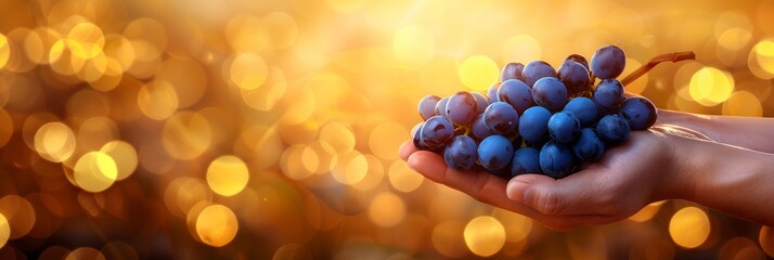 Hand holding grapes, selective focus on blurred background with copy space for text placement