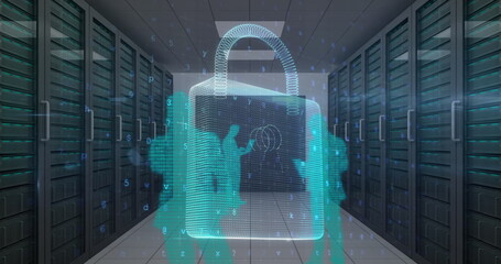 Image of cyber attack warning and padlock over silhouettes of people in server room