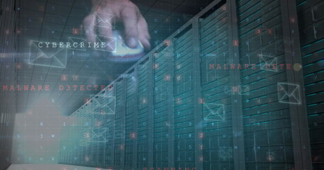 Image of cyberattack and envelope icons over and using computer mouse server room