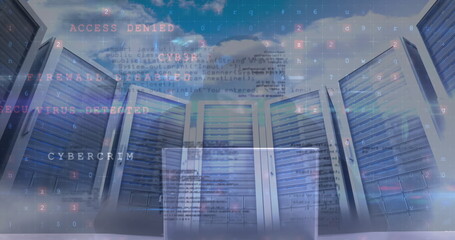 Image of cyber attack warning over hacker in server room