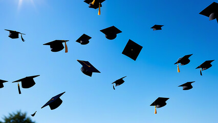 Graduation Caps Thrown in the Air Under a Blue Sky