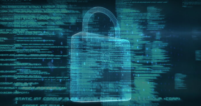 Image of cyber attack warning and padlock over silhouettes of people in server room