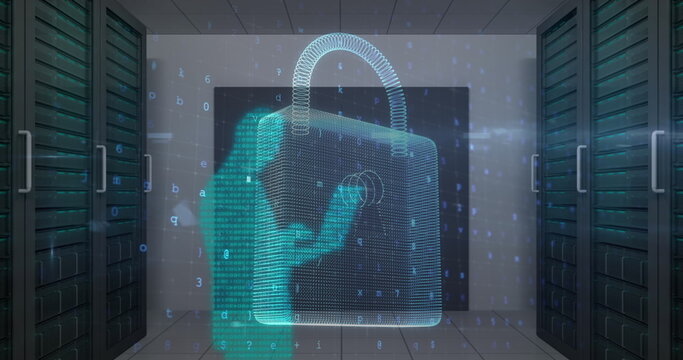 Image of cyber attack warning and padlock over silhouettes of people in server room