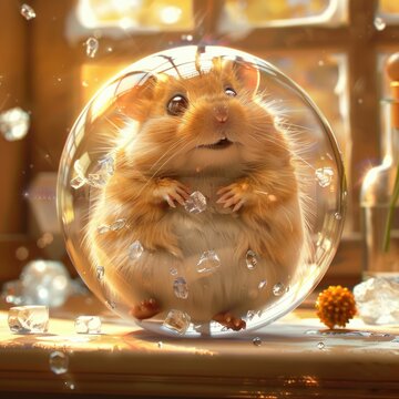 An adorable fluffy hamster sits inside a clear bubble surrounded by melting ice cubes, basking in warm sunlight.
