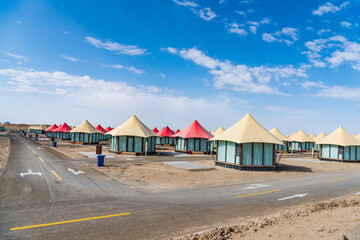 The camping area in Wusut Shuiyadan Scenic Area in Qinghai - obrazy, fototapety, plakaty