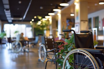 Obraz premium Vacant wheelchairs lined up in the bright lobby of a healthcare facility, with blurred background