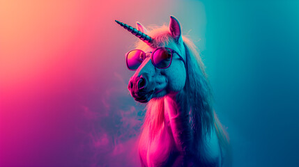 an unicorn wearing sunglasses in front of a colorful background
