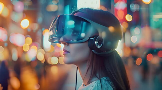woman using vr glasses with sparkling bokeh background
