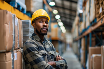 Young man with a hard hat stands proudly in a warehouse aisle