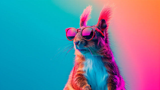 a squirrel wearing sunglasses in front of a colorful background