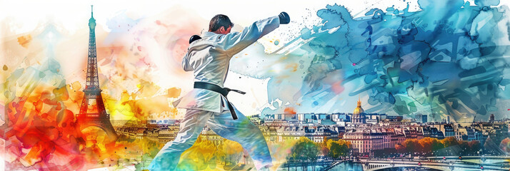 watercolor illustration, the Summer Olympic Games in Paris, wrestling, judo against the backdrop of the Eiffel Tower and a panorama of the city's attractions - obrazy, fototapety, plakaty