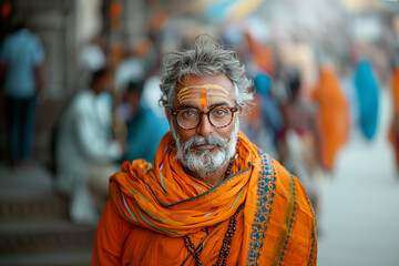 Obraz premium Senior Indian man wearing robes and face paint. 