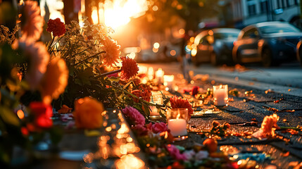 Sidewalk on which candles and flowers have been placed following a fatal hit or run over, fatal hit-and-run - obrazy, fototapety, plakaty