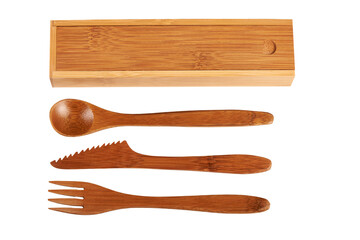 Wooden cutlery and box isolated
