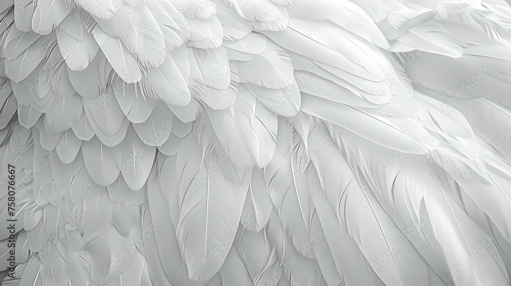 Poster close-up view of white feathers texture. elegantly layered plumage detail. softness and purity conce
