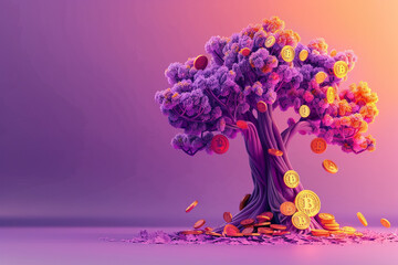 Tree with coins 3d illustration, orange and purple colors