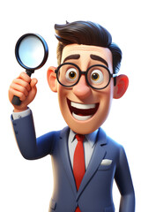 Generative ai illustration of cartoon businessman looking through magnifying glass