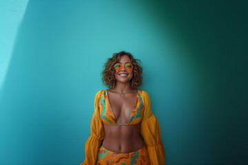 happy female model wearing bright colors against a plain teal background