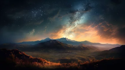 Poster niesamowity widok na krajobraz i niebo pełne gwiazd © Makargina