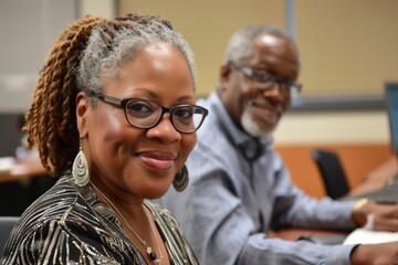 Portrait of a smiling woman with a male colleague in background at office