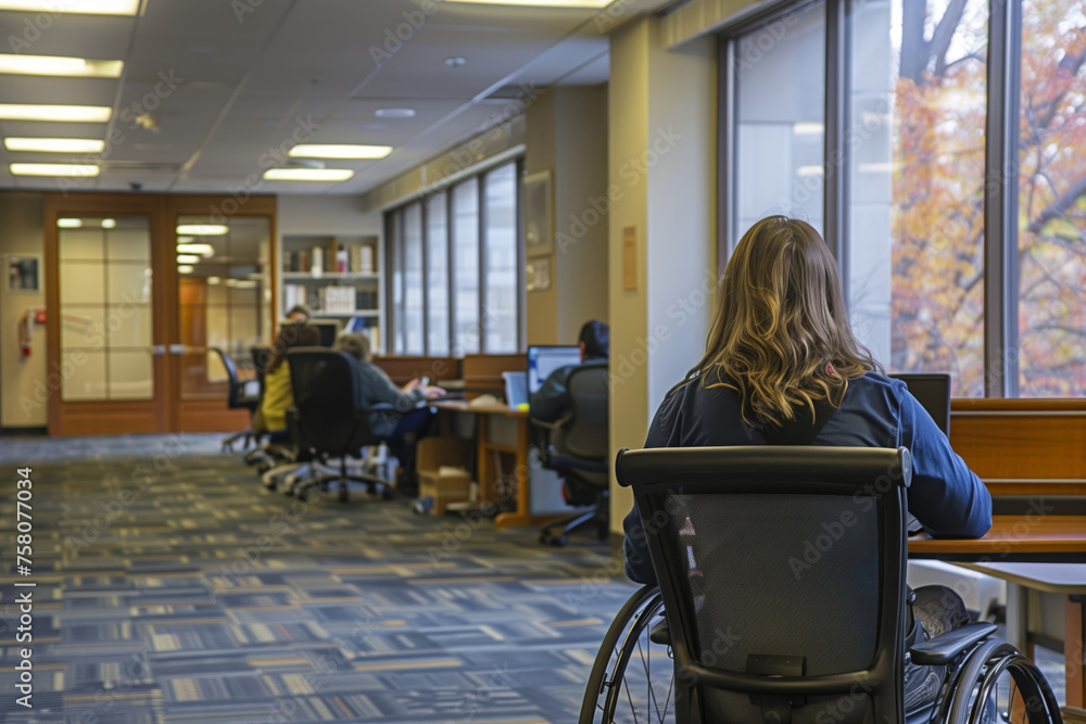 Poster focused student in a wheelchair at a library table with peers in the background. student in wheelcha