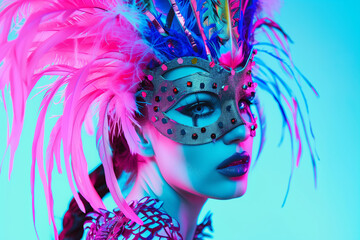 Abstract neon portrait of a woman wearing a facemask and feather headdress. Bright neon blue background.