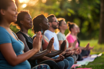 People meditating in a serene park setting at sunset, practicing yoga mindfulness together