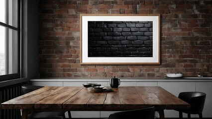 Interior of modern kitchen with black and white brick wall and wooden furniture