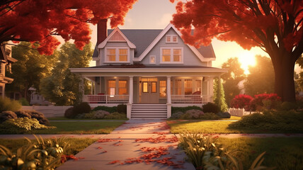 An enchanting portrayal of a family home boasting a charming porch, bathed in the soft glow of...