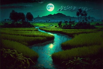Widok na pola ryżowe nocą
