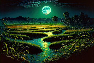Widok na pola ryżowe nocą - obrazy, fototapety, plakaty