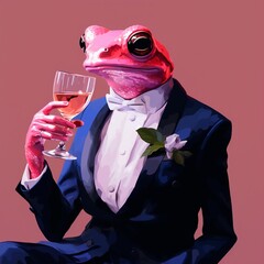 A pink frog in a tuxedo sips a drink