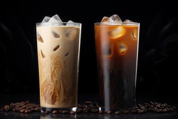 Set of black ice coffee and ice latte coffee with milk in tall glass isolated on a white background.