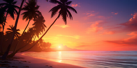 Fototapeta na wymiar A beautiful sunset with palm trees in the foreground, Palm trees on the beach. HD wallpaper
