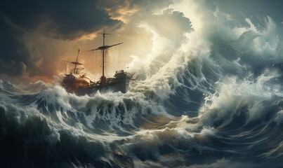 Ship in stormy high waves on a stormy day. - obrazy, fototapety, plakaty