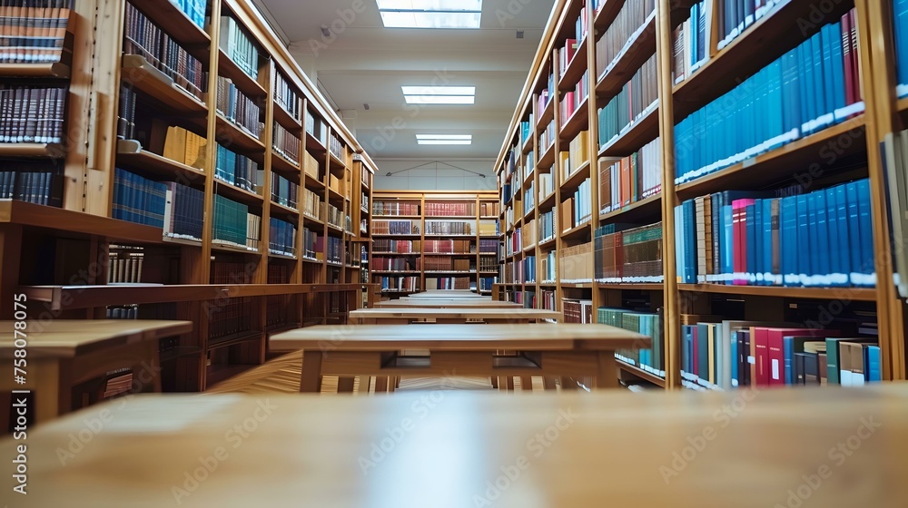Poster serene library scene with rows of books. a quiet ambiance for learning and reading. educational envi